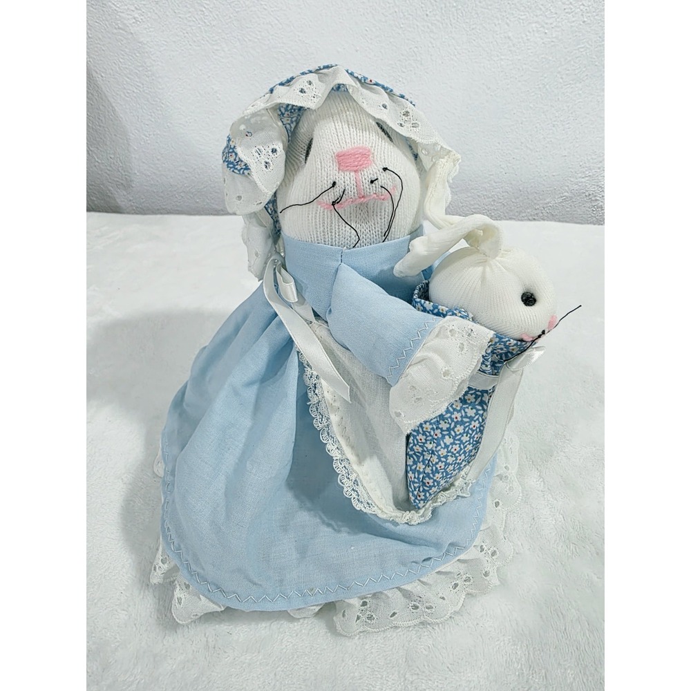 Vintage Hancrafted Bunny Doll Holding A Small Bunny Stuffed Toy 8"